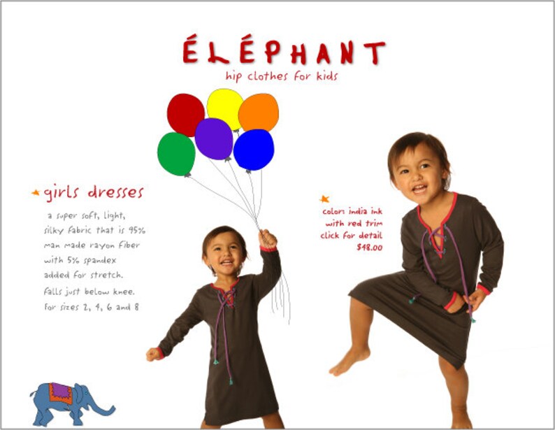 May include: Two young girls wearing dark grey dresses with red trim and purple drawstrings. The dresses are from the brand &Eacute;L&Eacute;PHANT, written in red. The image also includes colourful balloons and text describing the dresses.