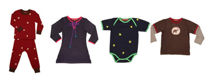 May include: A selection of children's garments. Includes a red star-patterned pyjama set, a dark blue dress with pink trim, a navy blue babygrow with yellow stars, and a brown shirt with an elephant graphic.