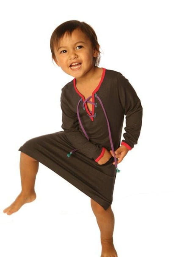 Dress in India Ink with contrasting red trim and purple tie. Great fabric! Soft with a little stretch.