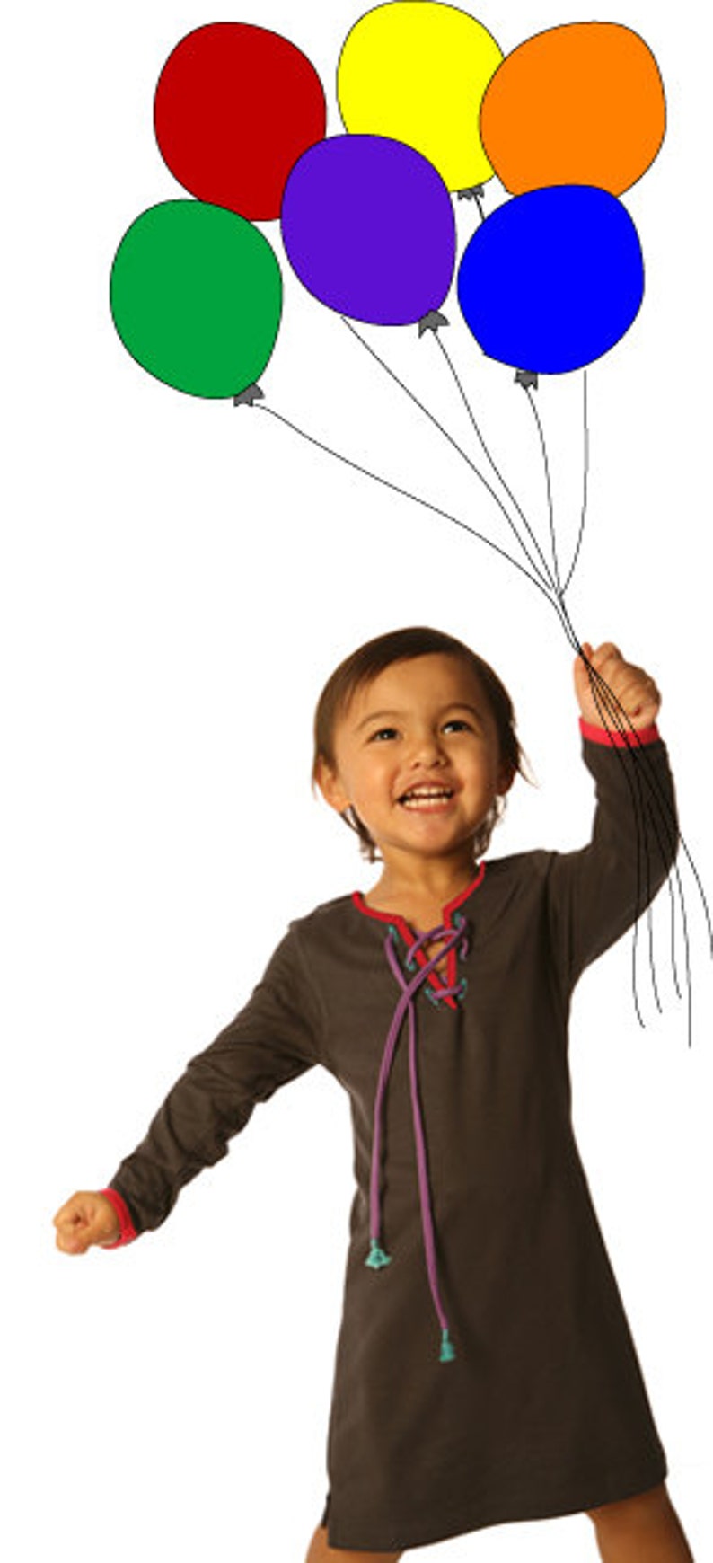 May include: A child holding a bunch of colourful balloons. The balloons are red, green, yellow, purple, blue, and orange. The child is wearing a dark grey dress with red and purple accents.
