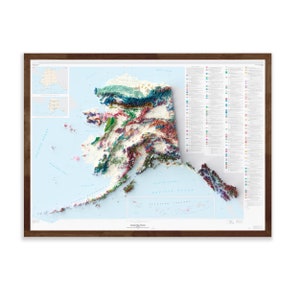 May include: A detailed topographic map of Alaska, showing the state's diverse terrain, including mountains, valleys, and coastal areas. The map is printed in a variety of colours, with different shades representing different elevations. The map also includes a legend that explains the different colours and symbols used.