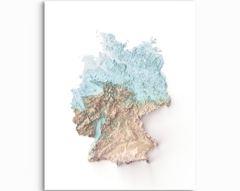 May include: A topographic map of Germany rendered in a 3D style. The northern region is depicted in shades of light blue, while the southern and central areas feature textured brown and tan elevations representing mountainous terrain.