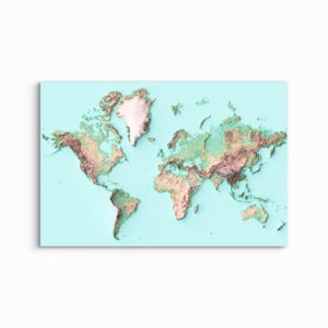 World Shaded Relief - Odcienie ziemi z niebieskim tłem NIEOPRAWIONY DRUK ARTYSTYCZNY