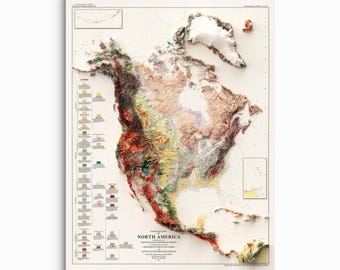 May include: A detailed topographic map of North America, showing the geological formations and elevation changes across the continent. The map is printed in a vintage style with a colour-coded legend.