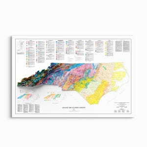 ノースカロライナ地質図 - 1985 - 陰影付きレリーフ - フレームなしプリント、標高図、ノースカロライナのポスター、ノースカロライナのプリント