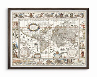 1630 World Map Print: Willem Blaeu Antique Cartography