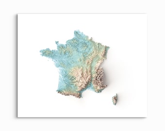 Puede incluir: Un mapa en relieve tridimensional de Francia con texturas topográficas variadas. La masa terrestre muestra un degradado de color que va del azul claro en las zonas bajas al beige y marrón en las regiones montañosas, sobre un fondo blanco.