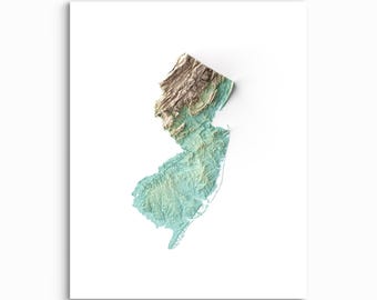 May include: A topographic relief map of the state of New Jersey centered on a white background. The map features a three-dimensional appearance with brown and tan elevations in the north transitioning to light blue coastal plains in the south.