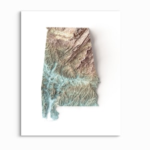 Carte en relief ombragé de l'Alabama - CHOISISSEZ VOTRE STYLE - impression sans cadre, carte de l'altitude, affiches de l'Alabama, impressions de l'Alabama