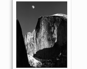 Impresión de la Luna y la Media Cúpula de Yosemite, paisaje vintage en blanco y negro (sin marco)