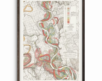 Puede incluir: Un mapa vintage que muestra la franja de meandros del río Misisipi. El mapa está en blanco y negro con líneas de colores que muestran las diferentes etapas del movimiento del río a lo largo del tiempo. El mapa está titulado "Mississippi River Meander Belt Vol. 1".