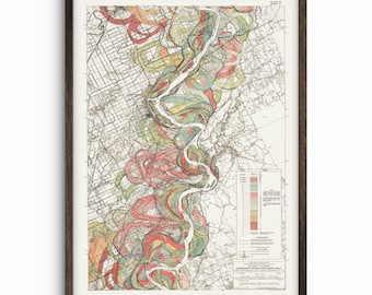 Könnte beinhalten: Eine Vintage-Karte, die den gewundenen Verlauf des Mississippi-Flusses durch die Stadt New Orleans zeigt. Die Karte ist farbcodiert, um verschiedene geologische Formationen darzustellen, und enthält eine detaillierte Legende.