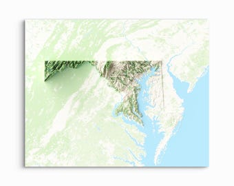May include: A three-dimensional relief map of the state of Maryland, featuring detailed topographical elevation data in shades of green and brown, set against a flat, light-coloured map background showing surrounding coastal areas in light blue.