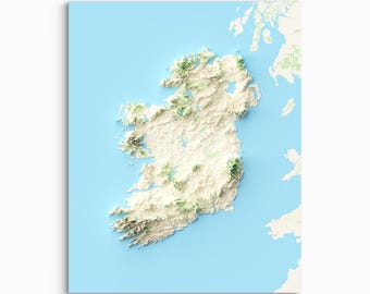 Può includere: Una mappa in rilievo tridimensionale dell'isola d'Irlanda resa in bianco e sfumature di verde, su uno sfondo azzurro solido. La topografia mostra terreni elevati e caratteristiche costiere con una chiara consistenza fisica in rilievo.