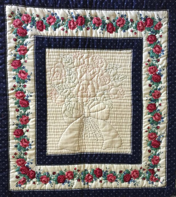 Vintage Hand quilted wall hanging Ribbons and Flower