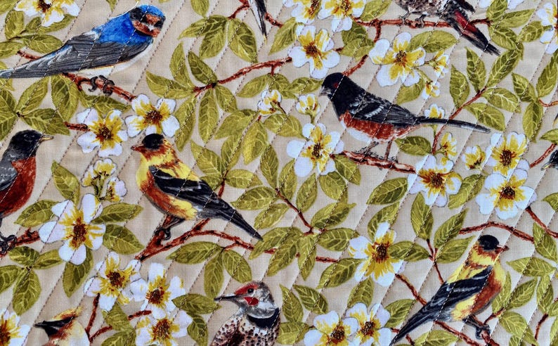 May include: A beige quilted fabric with a floral pattern featuring white flowers and green leaves.  The fabric is decorated with various colorful birds, including a bluebird, a yellow bird, a red-breasted bird, and a brown and white bird.