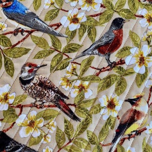 May include: A beige fabric with a quilted pattern features a variety of colorful birds and white flowers. The birds include a blue jay, a robin, a woodpecker, and a yellow bird.