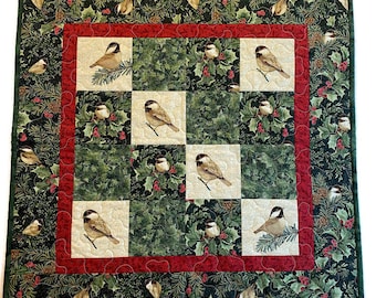 Christmas Chickadee Quilted Table Topper Decor