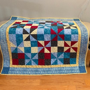 Blue and Yellow Baby Quilt Blanket, Newborn Gift