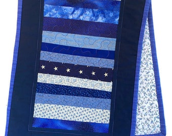 Blue Patchwork Table Runner, Quilted Scrappy Table Topper, Farmhouse Table Decor, Handmade One of a Kind, 13 inches wide X 36 inches long