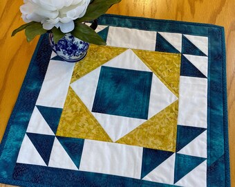 Quilted Table Topper Decor Blue and Gold