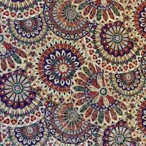 May include: A fabric with a repeating pattern of colourful, intricate mandala designs. The fabric features a gold background with purple, red, and green accents.