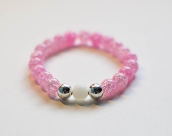 Pink Beaded Bracelet with Silver and White Accents - Crackle Glass Beads