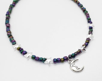 Celestial Moon and Stars Choker - Metallic Seed Beads - Crescent Moon Charm