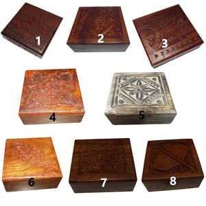 Wooden Hand Carved Trinket Jewelry Box Organizer Keepsake Storage Chest Boxes 5 x 5 inches x Height - 2.25 inches.