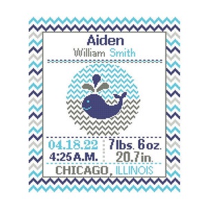 Custom Pattern Cross Stitch Birth Announcement Cross Stitch Birth Record Cross Stitch Baby Boy Whale Red Blue Navy Nautical Nursery chevron