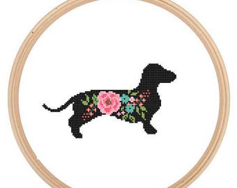 Dackel Hund Silhouette Kreuzstich Muster Blumen Rosen Haustier Tier Wandkunst Hund Kreuzstich modern trendy tolles Geschenk