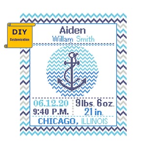 Anchor Birth sampler Cross Stitch Birth Announcement Cross Stitch Birth Record Baby Boy Anchor Nautical Nursery DIY customizable Pattern