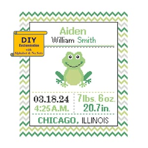 May include: A green frog with white eyes and a white mouth is the center of a white background with a green, yellow, and gray chevron border. The text "Aiden William Smith" is at the top of the image. The text "03.18.24 7lbs. 6oz. 4:25 A.M. 20.7 in. CHICAGO, ILLINOIS" is at the bottom of the image.