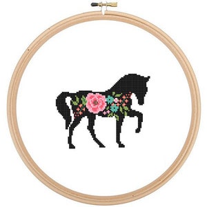 Pferd Silhouette Kreuzstich Muster Blumen Rosen Haustier Tier Wandkunst Pferd Kreuzstich modern Bauernhof trendy tolles Geschenk