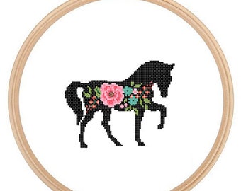 Pferd Silhouette Kreuzstich Muster Blumen Rosen Haustier Tier Wandkunst Pferd Kreuzstich modern Bauernhof trendy tolles Geschenk