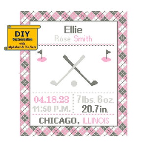 Golf Birth sampler Cross Stitch Birth Announcement Cross Stitch Birth Record Baby Girl Golf clubs  Sports Nursery Pink gray plaid pattern