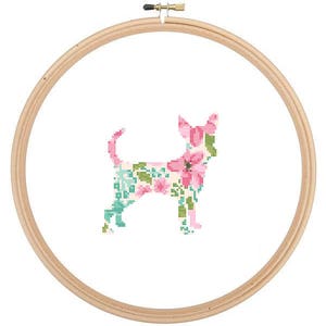 Chihuahua Silhouette Cross Stitch Pattern Floral Water color effect Pet animal wall art Dog cross stitch modern trendy great gift