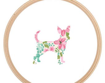 Chihuahua Silhouette Cross Stitch Pattern Floral Water color effect Pet animal wall art Dog cross stitch modern trendy great gift