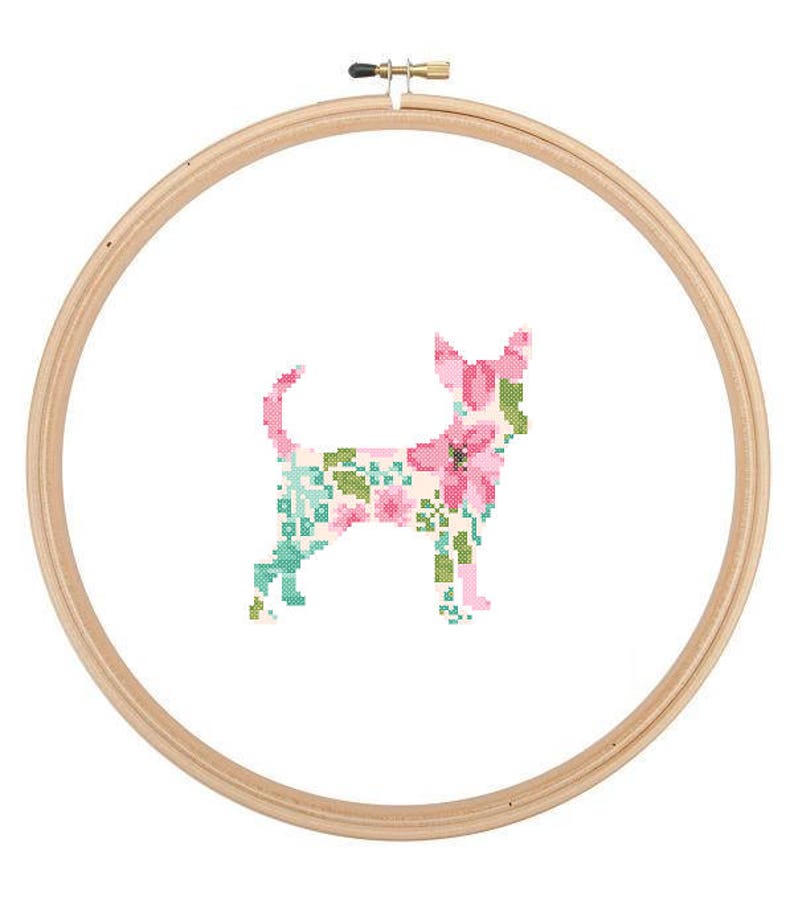 Chihuahua Silhouette Cross Stitch Pattern Floral Water color effect Pet animal wall art Dog cross stitch modern trendy great gift image 1