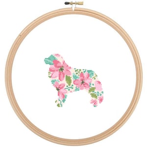 Große Pyrenäen Silhouette Kreuzstichmuster Floral Wasser Farbeffekt Haustier Wand Kunst Hund Kreuzstich Pyrenäen Berghund Geschenk