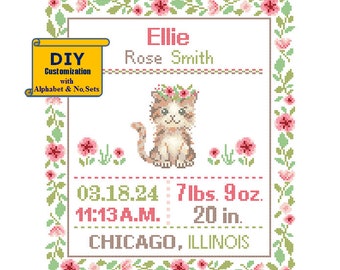 Cat Cross Stitch Birth Announcement cross Stitch Birth Record Floral Baby Cat Nursery birth sampler