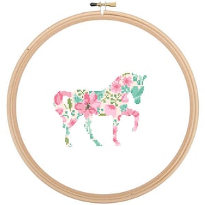 Horse Silhouette Cross Stitch Pattern Floral Water color effect Pet animal wall art Horse cross stitch modern Farm trendy great gift image 1