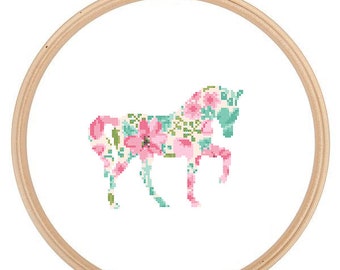 Horse Silhouette Cross Stitch Pattern Floral Water color effect Pet animal wall art Horse cross stitch modern Farm trendy great gift