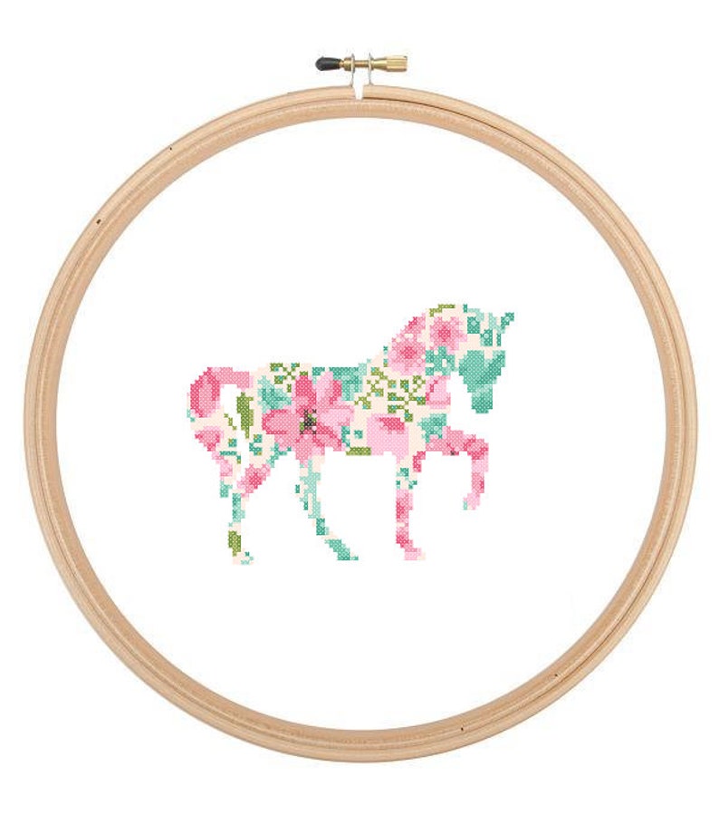 Horse Silhouette Cross Stitch Pattern Floral Water color effect Pet animal wall art Horse cross stitch modern Farm trendy great gift image 1