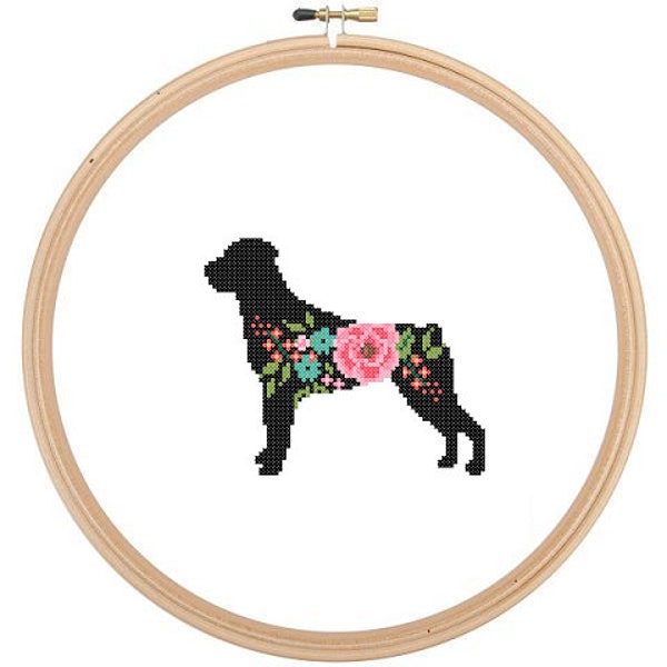 Rottweiler silueta patrón de punto de cruz rosas florales mascota animal arte de la pared perro Rottweiler punto de cruz moderno gran regalo de moda