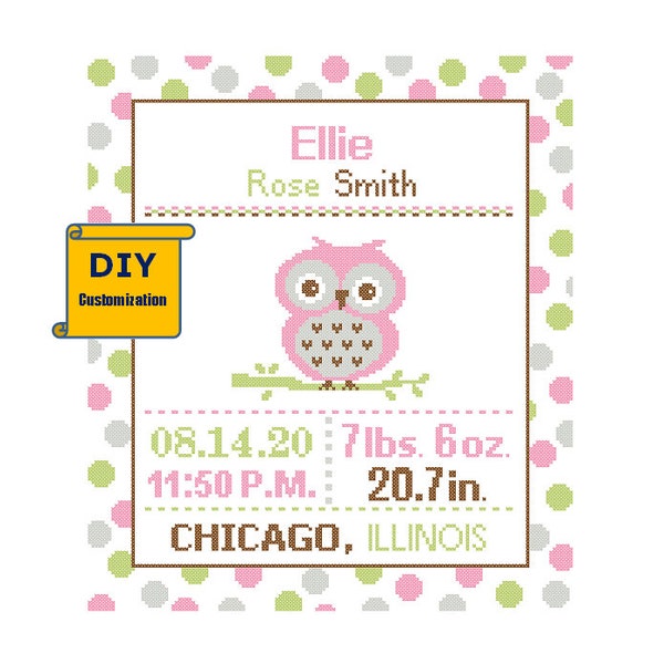 Baby Owl Cross Stitch Birth Announcement Cross Stitch Birth Sampler Polka Dot Baby Girl Baby Owl Sampler Woodland Nursery DIY Pattern