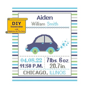 Auto Kreuzstich Geburtsankündigung Kreuzstich Geburtsurkunde Kreuzstich Baby Jungen Auto Kinderzimmer Automobil Geburt Sampler Blau Grau Herzen