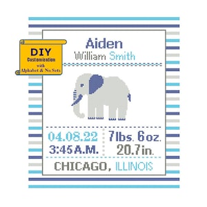 Elephant Cross Stitch Birth Announcement Cross Stitch Birth Record Lines Baby Boy Girl Elephant Nursery Blue Gray DIY birth sampler
