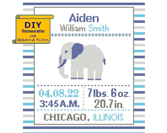 Elephant Cross Stitch Birth Announcement Cross Stitch Birth Record Lines Baby Boy Girl Elephant Nursery Blue Gray DIY birth sampler