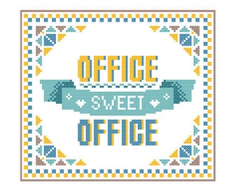 Modern Cross Stitch Pattern OFFICE Sweet OFFICE bright, warm and welcoming Yellow Blue brown shades Modern Geometric wall art Gift